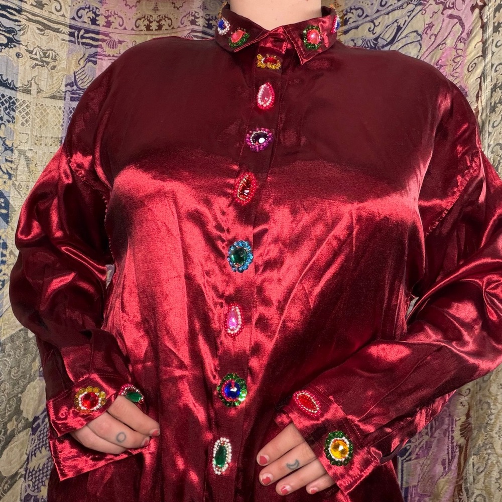 Vintage Red Satin Jeweled Maximalist Whimsigoth Button Up High Low Blouse